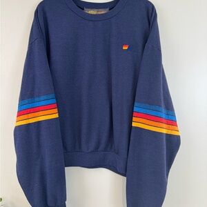 Aviator Nation Rainbow Stitch Sleeve Crew in Navy size L